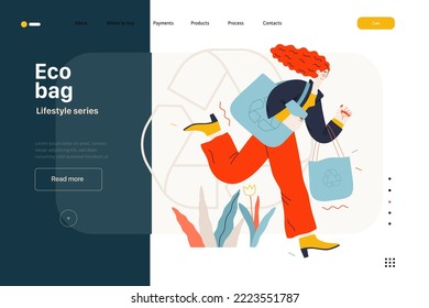 Lifestyle website template - Eco bag - modern flat vector illustration of woman holding her eco bags and recycle sign, ecology metaphor. People activities concept