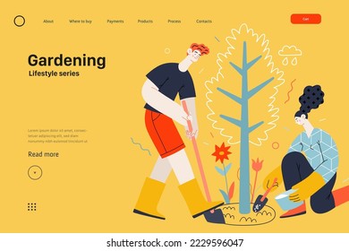 Lifestyle website template - Gardening - modern flat vector illustration of a man and a woman digging and fertilizing a tree. Planting and care gardening activity. People activities concept