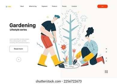 Lifestyle website template - Gardening - modern flat vector illustration of a man and a woman digging and fertilizing a tree. Planting and care gardening activity. People activities concept