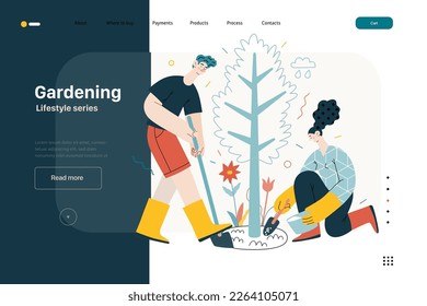 Lifestyle website template - Gardening - modern flat vector illustration of a man and a woman digging and fertilizing a tree. Planting and care gardening activity. People activities concept