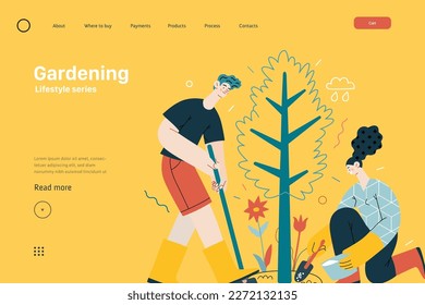 Lifestyle website template - Gardening - modern flat vector illustration of a man and a woman digging and fertilizing a tree. Planting and care gardening activity. People activities concept