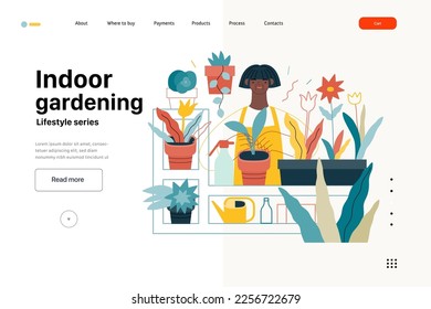 Lifestyle website template - Indoor gardening - modern flat vector illustration of a woman gardening at home - planting and watering. People activities concept