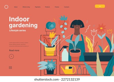 Lifestyle website template - Indoor gardening - modern flat vector illustration of a woman gardening at home - planting and watering. People activities concept