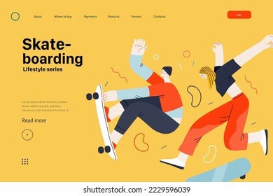 Lifestyle website template - Skateboarding - modern flat vector illustration of a young male and female skaters jumping in the air with their skateboards.. People activities concept