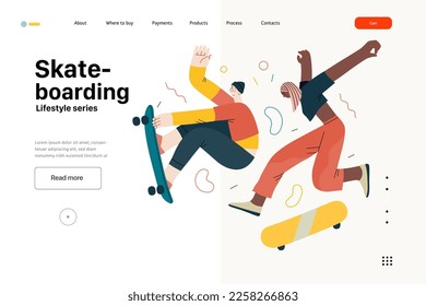 Lifestyle website template - Skateboarding - modern flat vector illustration of a young male and female skaters jumping in the air with their skateboards.. People activities concept