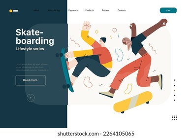 Lifestyle website template - Skateboarding - modern flat vector illustration of a young male and female skaters jumping in the air with their skateboards.. People activities concept