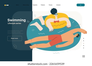 Lifestyle website template - Swimming - modern flat vector illustration of a man and a woman swimming in the pool. People activities concept