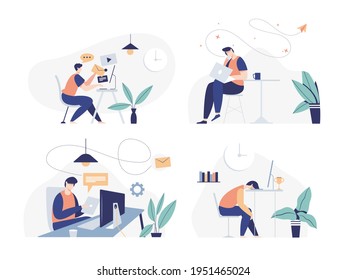 Lifestyle working stay at home. Man working on laptop computer at home. freelance, work at home. Vector 