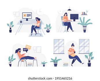 Lifestyle working stay at home. Women working on laptop computer at home. freelance, work at home. Vector 