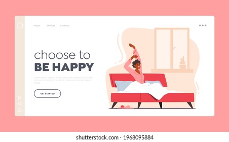 Lifestyle, Young Woman Wake Up at Morning in Good Mood Landing Page Template. Awaken Happy Female Character Stretching Body Sitting on Bed after Getting Up in Bedroom. Cartoon Vector Illustration