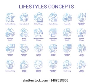 Lifestyles blue concepts icons set. Living types idea thin line illustrations. Technician, hipster, clothes free, sustainable, ascetic lifestyle. Vector isolated outline drawings. Editable stroke