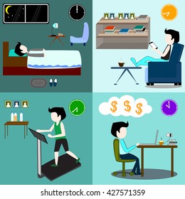 Lifestyles daily Routine flat image illustrator ,social network in morning , planning for make money,exercise in evening and sleep at night
