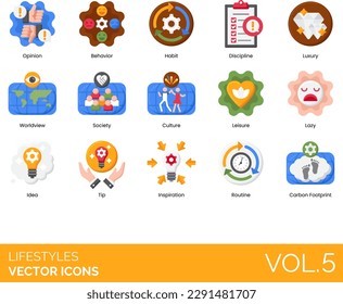 Lifestyles Icons including Active Lifestyle, Activity, Adrenaline, Adventure, Alternative Lifestyle, Apple, Balance, Behavior, Carbon Footprint, Culture, Cutlery, Death, Diet, Digital Lifestyle