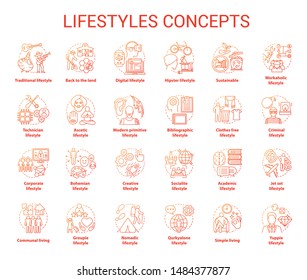 Lifestyles red concepts icons set. Living types idea thin line illustrations. Technician, digital, clothes free, sustainable, ascetic lifestyle. Vector isolated outline drawings. Editable stroke