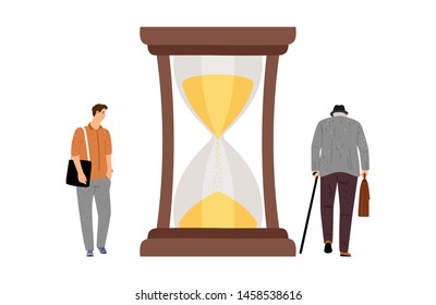 Lifetime concept. Young boy, elderly man and hourglasses. Transience of time vector illustration