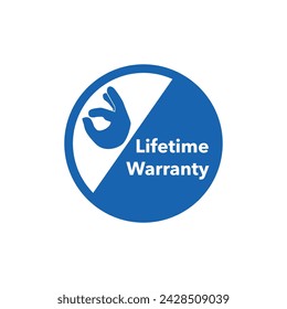 Lifetime warranty button in circle frame with finger sign isolated on white background
