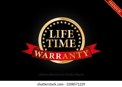 Lifetime Warranty Golden Logo With Ring And Red Ribbon Isolated On Black Background, Vector Design For Product Warranty, Guarantee, Service, Corporate, And Your Business.