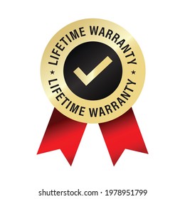 lifetime warranty  icon, golden elegant vector stamp with red ribbons