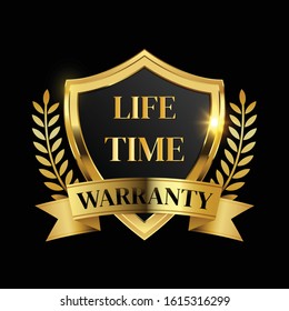 Lifetime Warranty Logo With Golden Shield And Golden Ribbon.Vector Illustration.