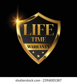 lifetime warranty logo with golden shield and golden ribbon.Vector illustration.