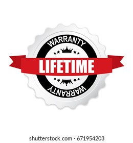 Lifetime Warranty round silver badge with red ribbon.vector illustration