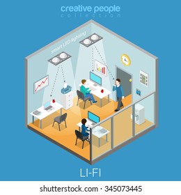 Li-Fi technology optical wireless communication interior visualization flat 3d isometry isometric concept web vector illustration. Office room and led lights data transfer. Creative people collection.