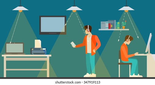 Li-Fi technology optical wireless communication interior visualization flat style concept web vector illustration. Office room and led lights data transfer. Creative people collection.