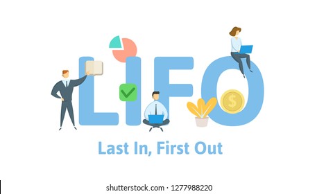 LIFO, Last In First Out. Concept with keywords, letters and icons. Colored flat vector illustration. Isolated on white background.