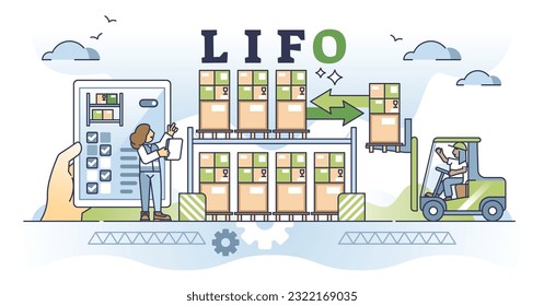 LIFO or last in, first out warehouse management system outline concept. Inbound and outbound pallet flow guidance for effective transportation or goods delivery vector illustration. Inventory control