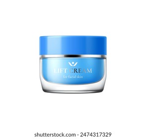 Lift and anti aging cream package, cosmetic product template. Isolated realistic 3d vector mockup of professional skincare beauty cosmetics, facial skin and anti-aging cream in glass jar with blue lid