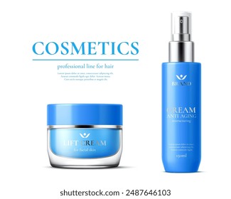 Lift- und Anti-Aging-Creme-Paket, kosmetische Produkt-Vorlagen. Isolierte realistische 3D-Vektorgrafik-Mockups von feuchtigkeitsspendenden Kosmetika in Blauglas und Flaschenverpackung für Schönheit oder Feuchtigkeit, Hautpflege-Routine