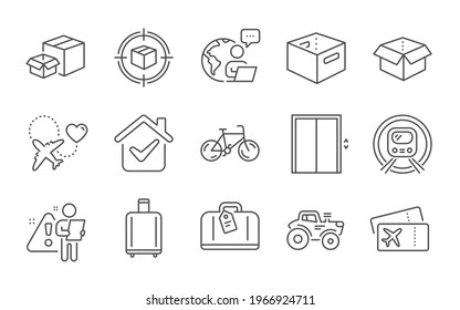 Lift, Boarding pass and Honeymoon travel line icons set. Office box, Baggage reclaim and Tractor signs. Metro subway, Open box and Hand baggage symbols. Line icons set. Vector