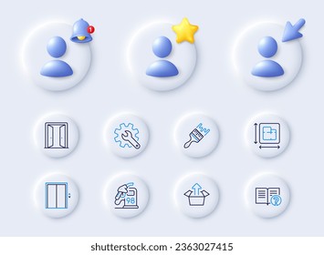 Lift, Brush and Petrol station line icons. Placeholder with 3d cursor, bell, star. Pack of Help, Customisation, Floor plan icon. Open door, Send box pictogram. For web app, printing. Vector