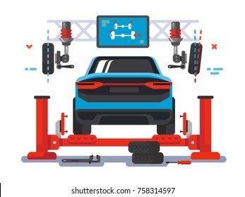 Lift car on auto service. Auto repair service and station maintenance for diagnostic automobile, vector illustration