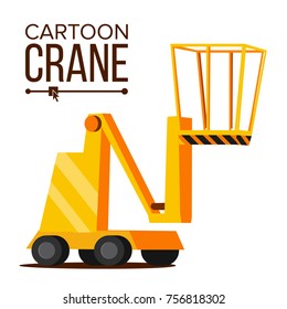 Lift Crane Vector. Lifting Construction Machine Icon. Classic Yellow Isolated Flat Cartoon Illustration