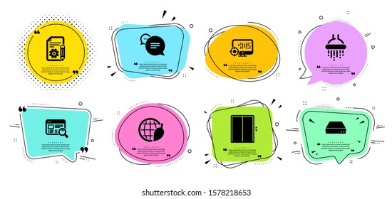 Lift, Documentation and Environment day line icons set. Chat bubbles with quotes. Shower, Website search and Seo signs. Text message, Mini pc symbols. Elevator, Project. Technology set. Vector