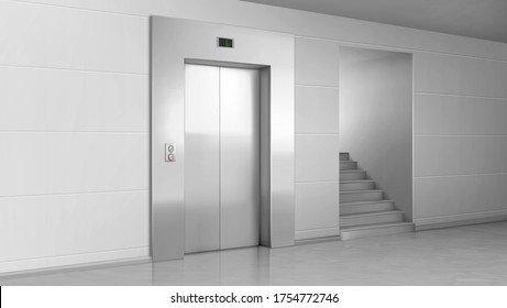 Lift door and stairs in lobby. Elevator with closed metal gates, buttons and stage number panel. Building hall empty interior, realistic 3d vector transportation and ladder in house, office or hotel