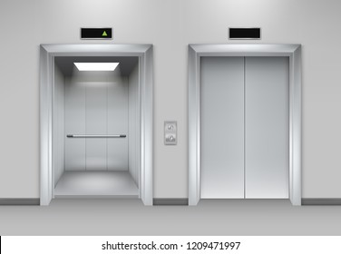 Lift doors building. Business office facade interior realistic closing opening doors elevator chrome metal buttons vector pictures. Illustration of lift door, panel metal, transportation office indoor