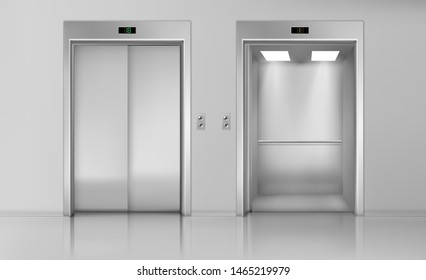 Lift doors, elevator close and open cabin with chrome metal buttons panel, empty building interior, office, hotel or dwelling transportation, lobby hallway indoors, Realistic 3d vector Illustration