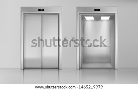 Lift doors, elevator close and open cabin with chrome metal buttons panel, empty building interior, office, hotel or dwelling transportation, lobby hallway indoors, Realistic 3d vector Illustration