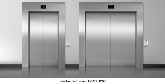 Lift doors, service and cargo closed elevators. Building hall interior with metal gates, buttons, stage number panels, indoor transportation in house, office or hotel, realistic 3d vector Illustration