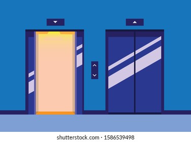 lift up and down, door open and closed in elevator hallway flat illustration vector