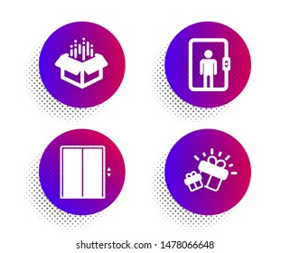 Lift, Elevator and Open box icons simple set. Halftone dots button. Gift sign. Elevator, Office transportation, Delivery package. Marketing box. Transportation set. Classic flat lift icon. Vector