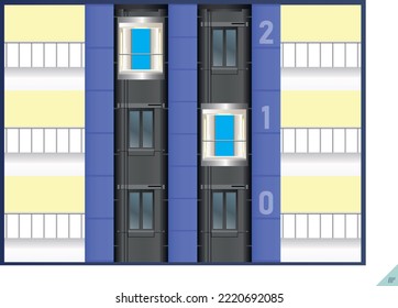 Lift. Elevator view from inside and outside.Modern passenger or cargo elevators, closed, open and semi-closed elevators