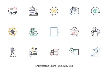 Lift, Ferris wheel and Return parcel line icons for website, printing. Collection of Inventory, Cardboard box, Gps icons. Map, Delivery man, Cancel flight web elements. Inventory cart. Vector