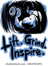 Lift, Grind, Inspire: Un póster motivacional que presenta a un hombre musculoso levantando una mancuerna, desatando la fuerza y motivando a los asistentes al gimnasio a superar sus límites y alcanzar la grandeza.