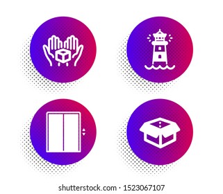 Lift, Hold box and Lighthouse icons simple set. Halftone dots button. Open box sign. Elevator, Delivery parcel, Searchlight tower. Delivery package. Industrial set. Classic flat lift icon. Vector