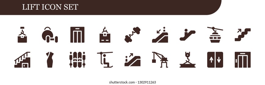  lift icon set. 18 filled lift icons.  Simple modern icons about  - Crane, Weightlifting, Lift, Barbell, Escalator down, Escalator, Cableway, Stairs, Cheongsam, Ski, Chairlift