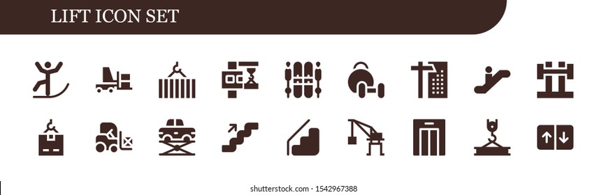 lift icon set. 18 filled lift icons.  Collection Of - Skiing, Forklift, Crane, Ski, Weightlifting, Escalator, Barbell, Elevator, Stairs, Lift icons