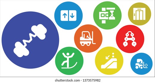 lift icon set. 9 filled lift icons.  Collection Of - Barbell, Elevator, Crane, Skiing, Escalator down, Forklift